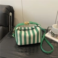 Green and white striped canvas tote bag with leather handles and detachable shoulder strap - Green