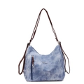 Blue washed denim textured tote bag with leather straps and metal fashion logo - Blue