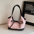 Pink jacquard hobo bag with black leather trim and bow detail in Korean style - Pink