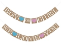 Detail der Kraftpapier-Banner mit BOY OR GIRL Text und blau rosa Herzen für Partydeko - BOY OR GIRL & WE LOVE YOU Zwei Banner Set
