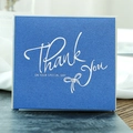 Blue textured pearlescent thank you card with white elegant script on wood desk - With Envelope / Sapphire Blue