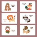 Set of 6 forest animal thank you cards with tribal watercolor animal designs - Cartoon Animal Tribal Style (517) / With Envelope