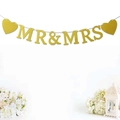 Glittery gold Mr & Mrs wedding banner with hearts and elegant white floral decorations - Gold