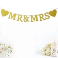 Glittering gold Mr & Mrs wedding banner with heart accents and white string - Gold