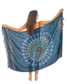 Detailed view of bohemian mandala pattern shawl with decorative fringe tassels on edges - One Size / Blue Mandala