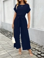 Tuta blu scuro a maniche corte con gamba larga e cintura in vita per donna elegante - S / Blu scuro