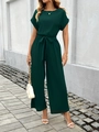 Elegante tuta intera verde scuro a gamba larga con maniche corte e cintura in vita - S / Verde