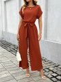 Elegante tuta rosso mattone a gamba larga con cintura e scollo rotondo da donna - S / Rosso Arancio