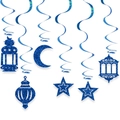 Deep blue glitter Ramadan hanging swirls with moon stars and lanterns for party decor - Spiral Moon Star Lantern Decoration Set / Dark Blue