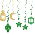 Golden and green spiral Ramadan hanging ornaments with glitter moon and star pendants - Spiral Moon Star Lantern Decoration Set / Gold Green