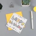 Minimalistische Happy Birthday Karte mit bunten Ausschnitten und gelbem Umschlag - Englisch Happy Birthday Stil (313)