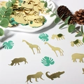 Tropical jungle animal confetti set with gold and green lions, giraffes and palm leaves - Gold and Green Jungle Animals and Plants