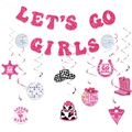 Pink Let's Go Girls banner with cowboy hats and disco ball spiral party decorations - Banner And Garland Set / Colorful