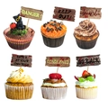 Halloween cupcake toppers set with wooden texture danger sign designs and blood splatters - Set A