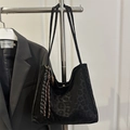 Black leopard print tote bag with woven tassel charm and matte finish stylish texture - No Pendant / Black