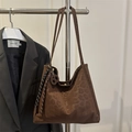 Coffee leopard print tote bag with brown finish and weave ornament strap - No Pendant / Brown
