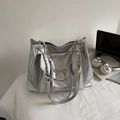 Silver matte large capacity tote bag with bow buckle and chain strap on minimalist desk - Silver
