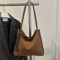 Vintage brown leopard pattern suede bucket tote bag with shoulder strap and fringe charm - No Pendant / Brown