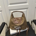 Brown frosted canvas handbag with vintage gold lettering and cute cartoon embroidery detail - Brown