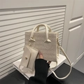 Cream woven straw tote bag with faux leather handles and small hanging purse - White