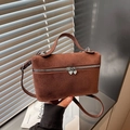 Brown faux suede box bag with heart zippers and adjustable crossbody strap handle - Brown