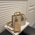 Woven crossbody bag in beige herringbone with brown leather trim and mini pouch - Khaki