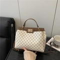 Classic monogram tote bag in cream and brown leather with a gold metallic lock - White
