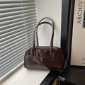 Minimalist dark brown Boston shoulder bag with glossy finish and snap front pocket - Coffee Without Pendant