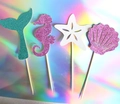 Detail of glittery mermaid tail, seahorse and starfish cake toppers for ocean party - Starfish Shell Seahorse Fish Tail Style Two