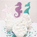 Glittery mermaid cake toppers featuring seahorse, fish tail, and starfish shapes - Starfish Fish Tail Seahorse