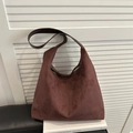 Dark brown suede tote bag with flat leather strap for casual autumn and winter outfits - Brown