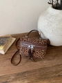 Sac boîte élégant à motif léopard avec bordure en cuir marron et bandoulière - Marron