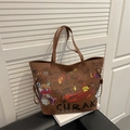 Grande borsa tote marrone con graffiti colorati artistici e stampe di orsetti - Marrone