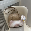 Khaki PU leather cat-shaped handbag with plush bear charm and spacious zip compartment - No Pendant / Khaki