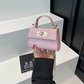 Mini pink crocodile embossed leather bag with gold chain strap and top handle - Light Pink