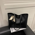 Minimalist black tote bag in matte synthetic leather with decorative chain print silk scarf - Black