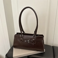 Minimalist dark brown synthetic leather shoulder bag with sleek silver metal buckle detail - Dark Brown