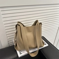 Minimalist khaki large capacity leather tote bag with wide shoulder strap in matte finish - Khaki