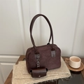 Brown faux suede bowling bag with mini pouch and long strap for women's autumn style - Brown