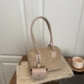 Beige matte suede shoulder bag with detachable mini pouch and long top handles - Khaki