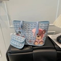 Sky blue and grey V-pattern tote bag with cute bear print and matching coin purse - Blue