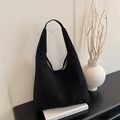 Minimalist black suede hobo tote bag for winter with high-capacity shoulder design - Black