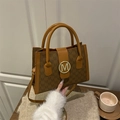 Vintage brown shoulder bag with M-letter monogram print and golden metal buckle - Brown