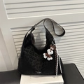 Black leopard print tote bag with leather straps and schnauzer charm detail - Without Pendant / Black