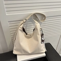 Minimalist cream beige hobo shoulder bag with adjustable strap and embossed text - Without Pendant / White