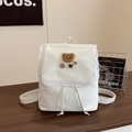 Schattige witte PU-lederen rugzak met kanten rand en pluche beer patch in hippe stijl - Wit