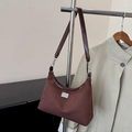 Brown vintage suede shoulder bag with leather trim and minimalist silver metal plaque - Brown
