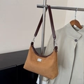 Retro mustard suede hobo shoulder bag with chocolate brown leather straps and metal hardware - Brown
