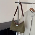 Olive green suede hobo shoulder bag with brown leather trim and silver metal tag - Green