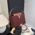Deep red leopard embossed handbag with gold V buckle and adjustable shoulder strap - Red
